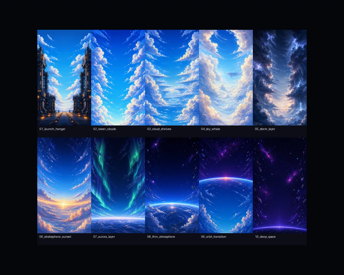 Rocket Rush altitude art contact sheet