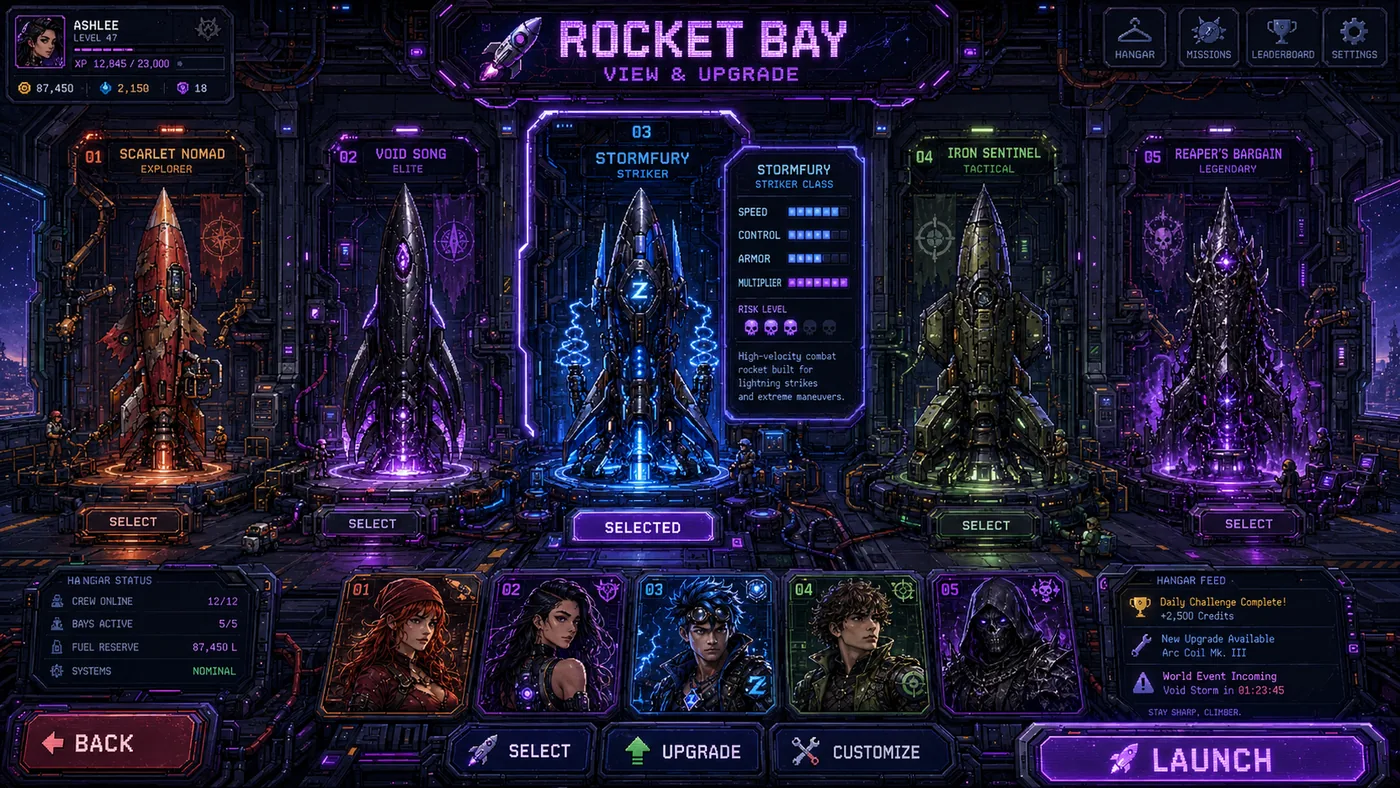 Rocket Rush rocket bay upgrade screen concept