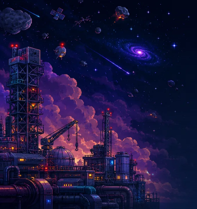 Rocket Rush industrial launch tower under a star-filled sky
