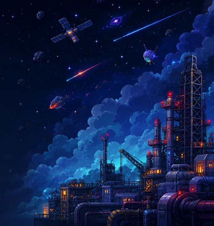 Rocket Rush launch tower, satellites, meteors, and deep-space clouds
