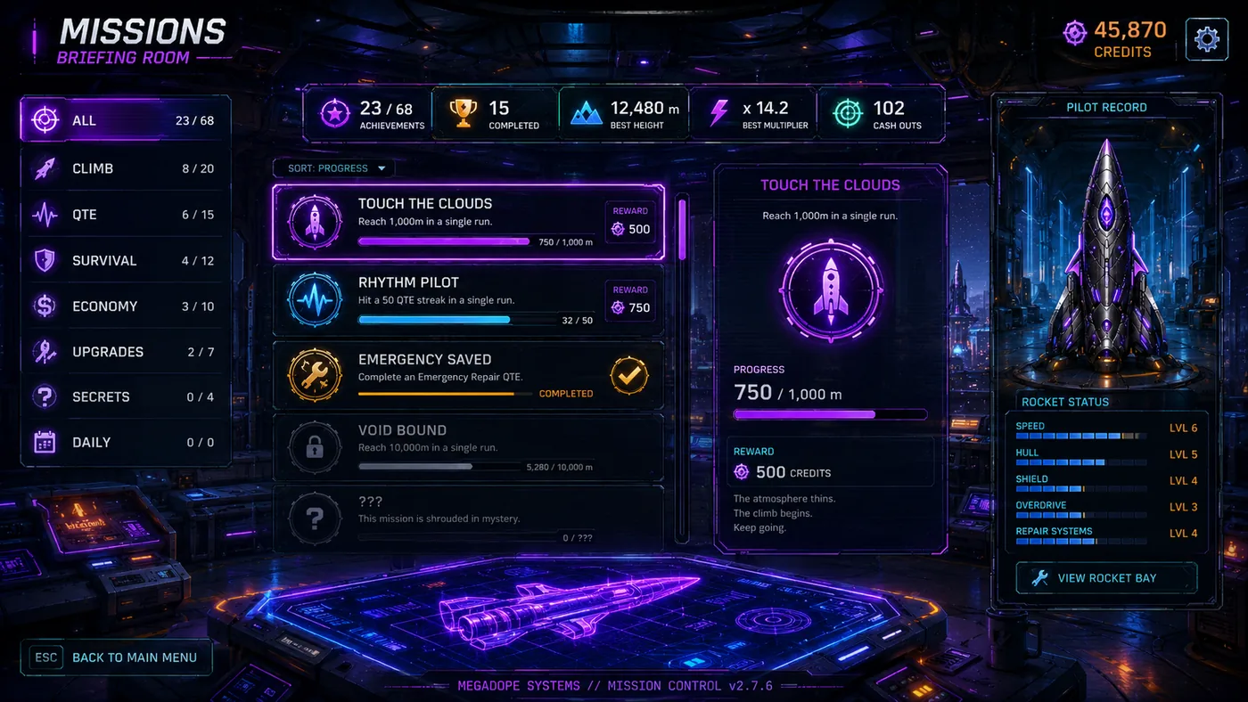 Rocket Rush missions and upgrade interface concept