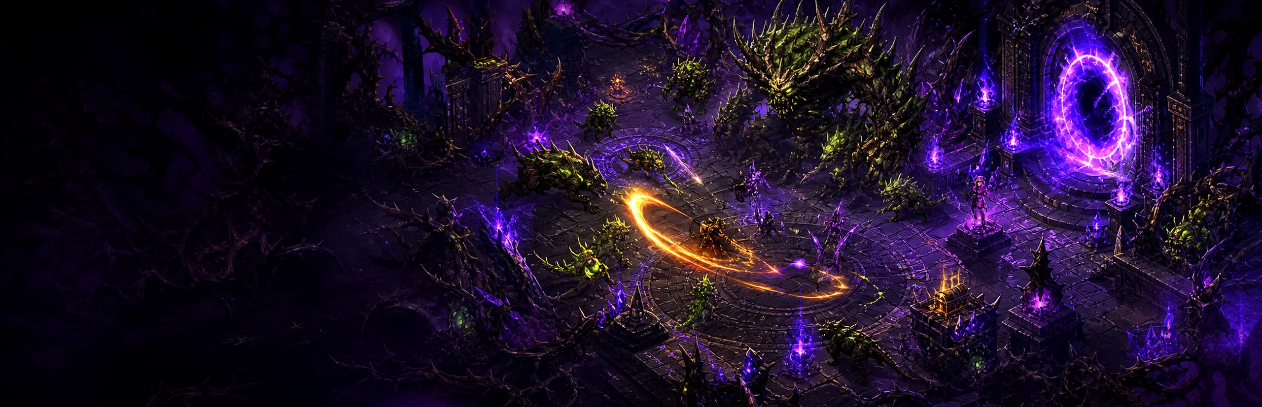 A warrior battles cursed enemies beside a violet portal — MegaDope 2D promotional art